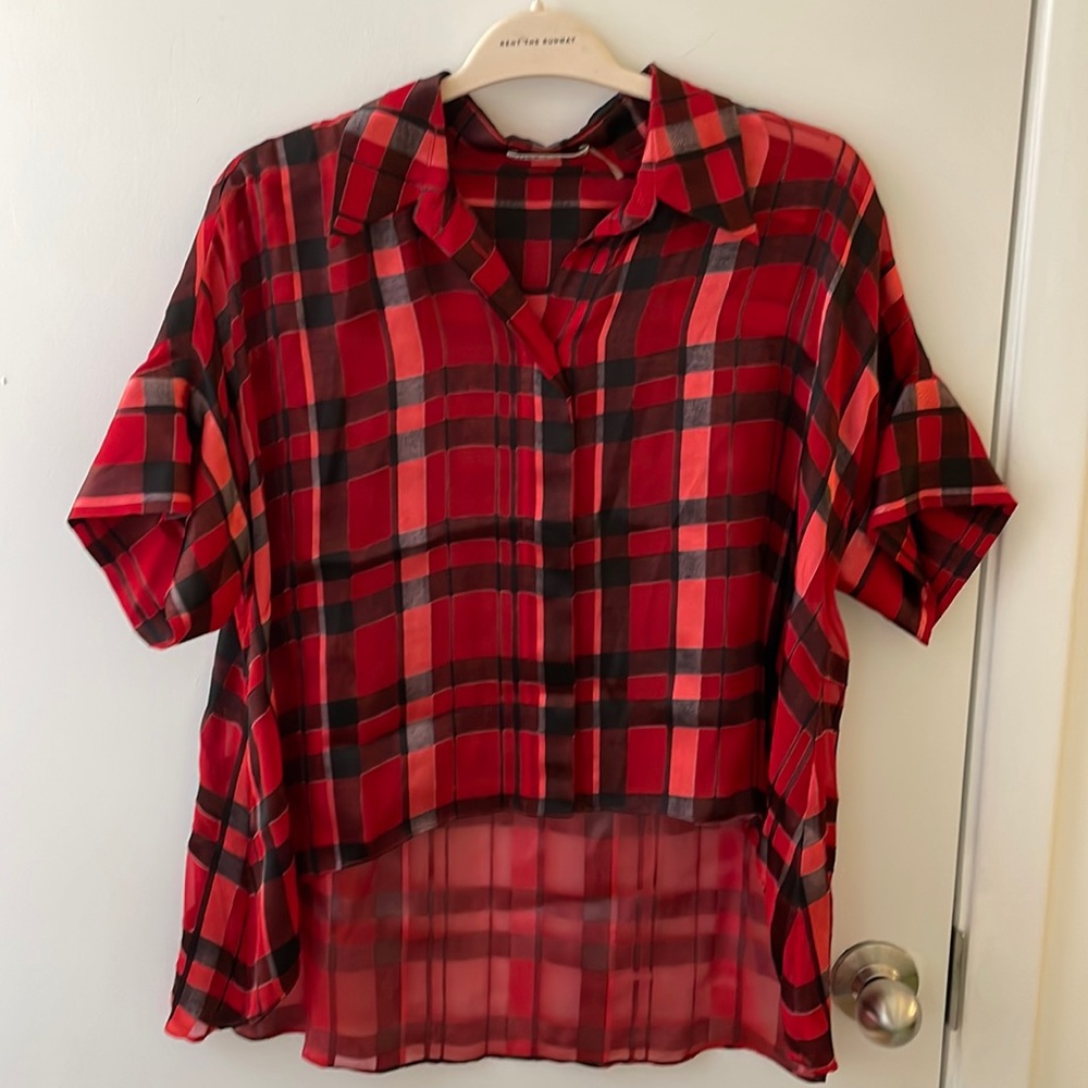 Alice and Olivia plaid dress top red and black size M